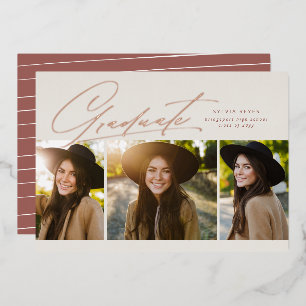 Graduate drei Foto einfache Rose Gold Abschluss Folieneinladung