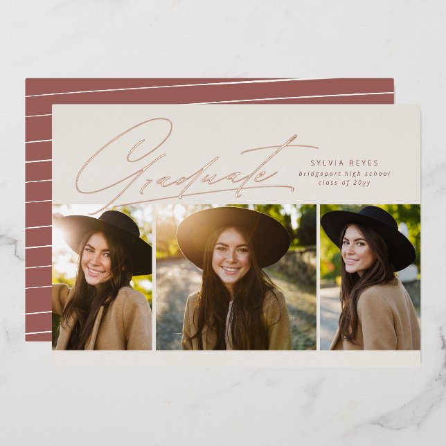 Graduate drei Foto einfache Rose Gold Abschluss Folieneinladung (Vorderseite/Rückseite)