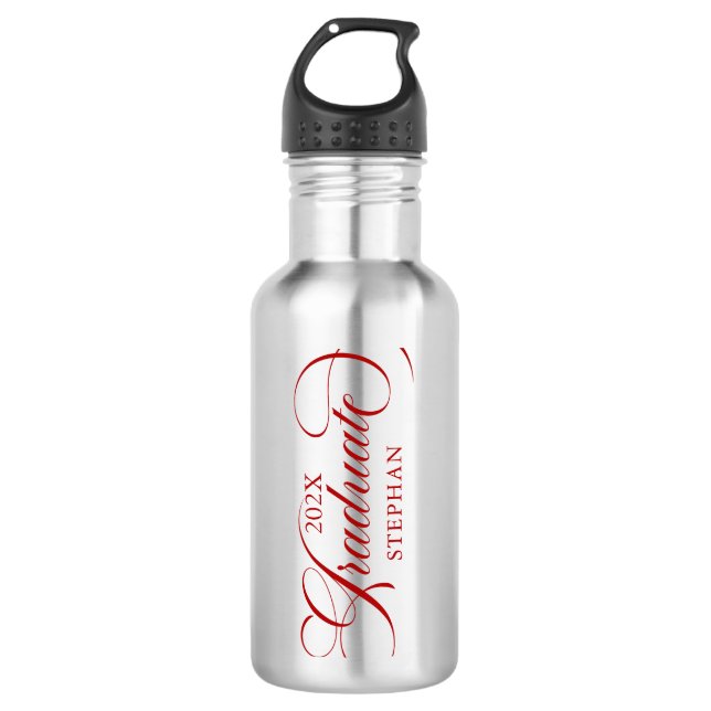 Graduate Elegant Red Script Typografie Edelstahlflasche (Vorderseite)