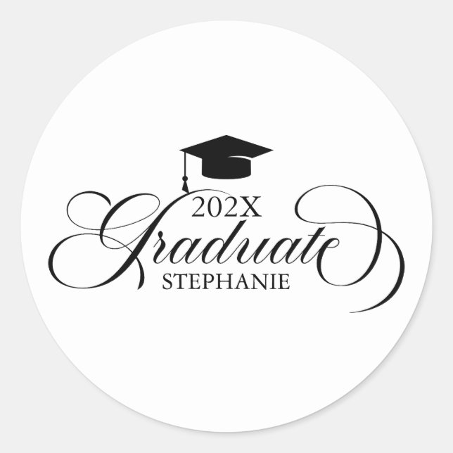 Graduate Elegant Schwarz-weiß Script Typografie Runder Aufkleber (Vorderseite)