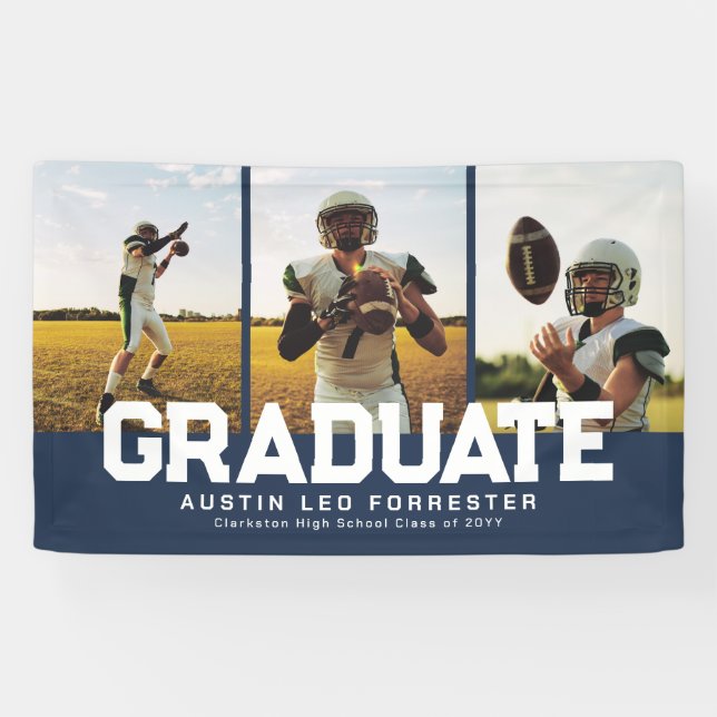 Graduate fett sportliche Marine drei Foto Abschlus Banner (Horizontal)