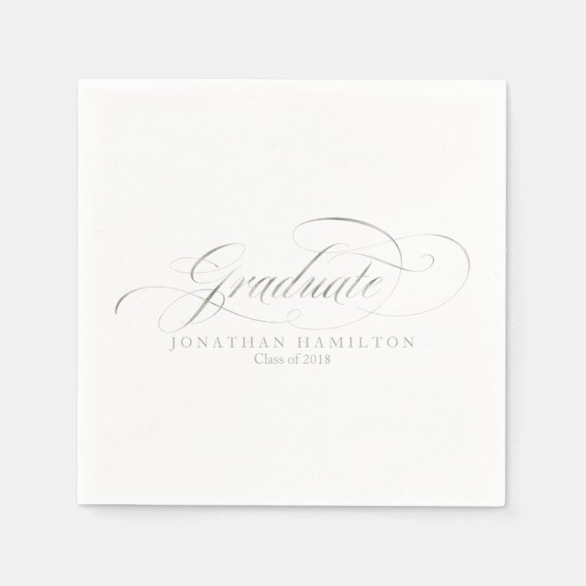 Graduate Foil Silver Extravagant Calligrafy Abschl Serviette (Vorderseite)