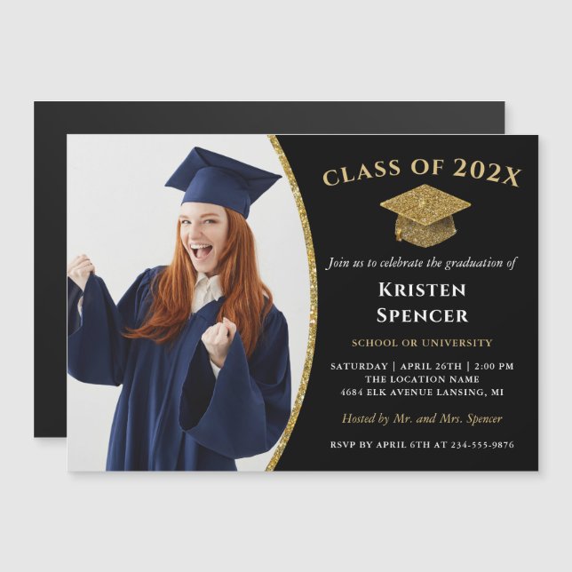 Graduate Foto Abschluss Modernes Black Gold Magnet (Vorne/Hinten)