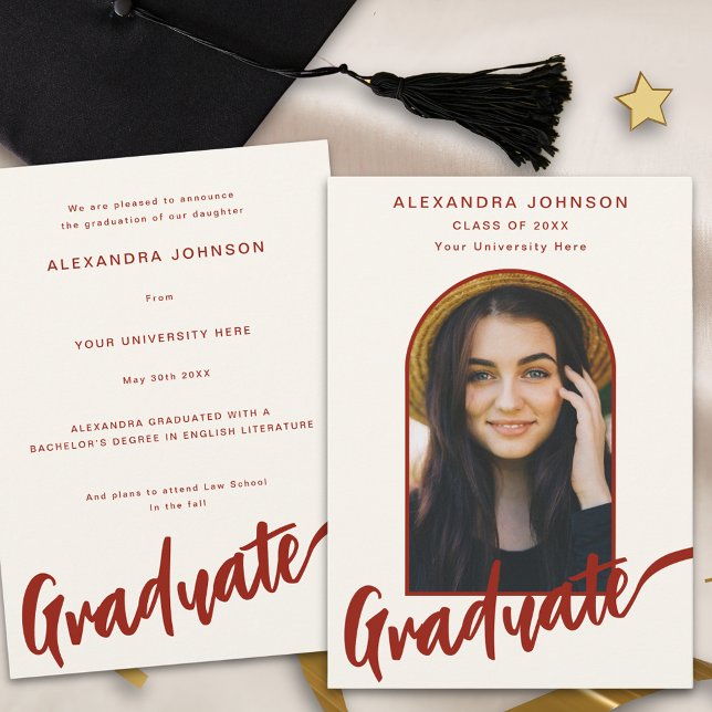 Graduate Foto Arch Modern Burnt Orange Script Ankündigung (Graduate photo arch elegant burnt orange terracotta script fall Graduation announcement card)
