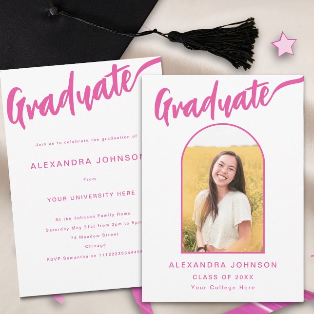 Graduate Foto Arch Pink Script Ankündigung (Stylish hot pink script calligraphy graduate photo arch graduation announcement card)