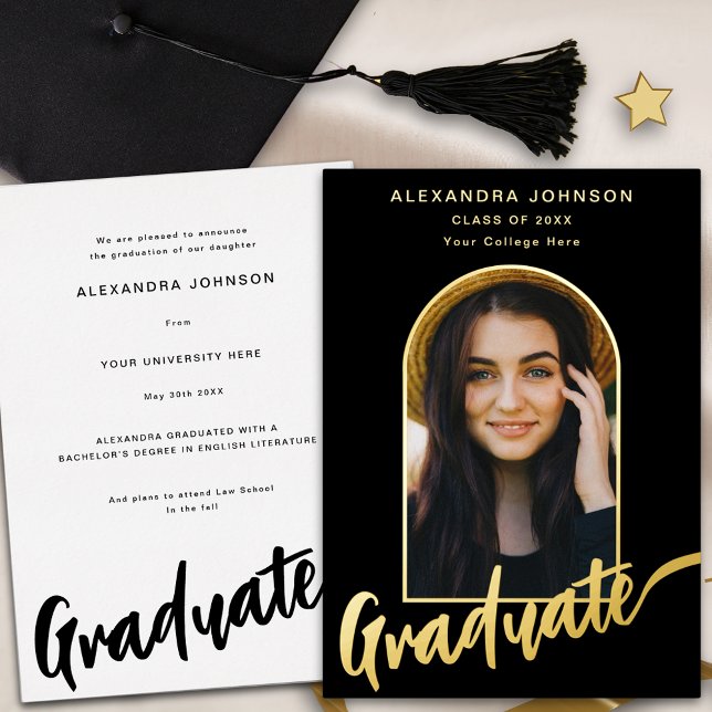 Graduate Foto Arch Stilvolle Script Black Gold Folieneinladung (Elegant arch graduate photo black and gold foil script Graduation announcement card)