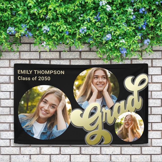 Graduate Foto Black and Gold Banner (Graduation gold typography multi-photo banner. )