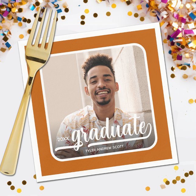 Graduate Foto Bold Script Burnt Orange Serviette (Your photo, name, year and "Graduate" in a cool script on burnt orange background party napkins)