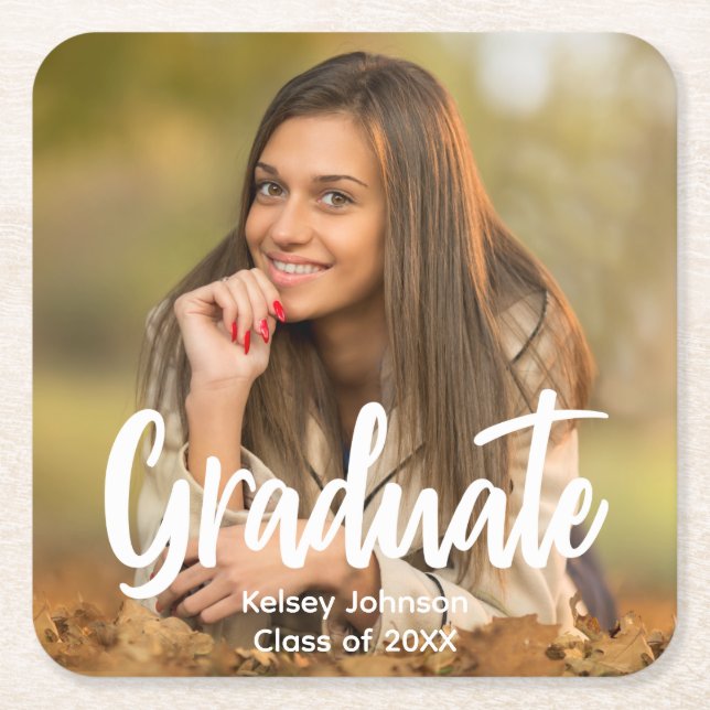 Graduate Foto Bold Script Custom Graduation Party Rechteckiger Pappuntersetzer (Vorderseite)