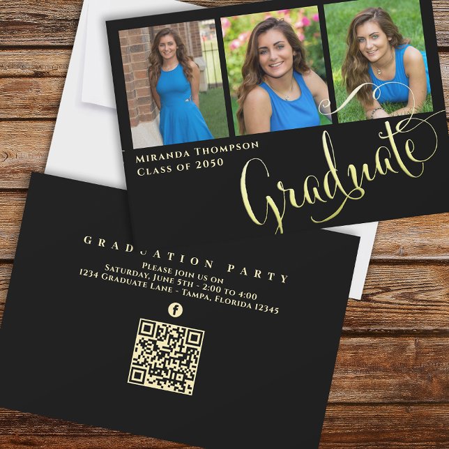 Graduate Foto Calligraphy Script Black Gold Einladung (Von Creator hochgeladen)