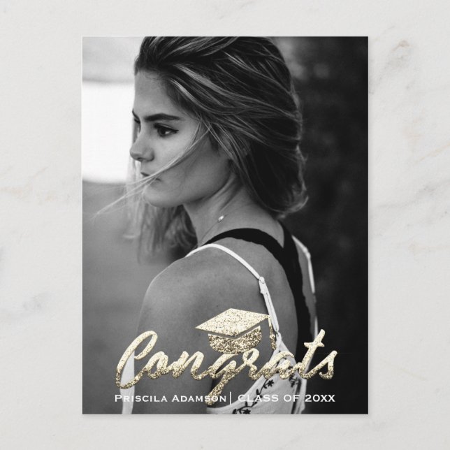 Graduate Foto Class of Year Name Gold Glitzer Postkarte (Vorderseite)
