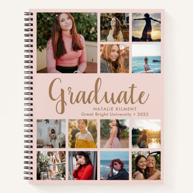 Graduate Foto Collage Abschluss Rosa und Gold Notizbuch (Vorderseite)