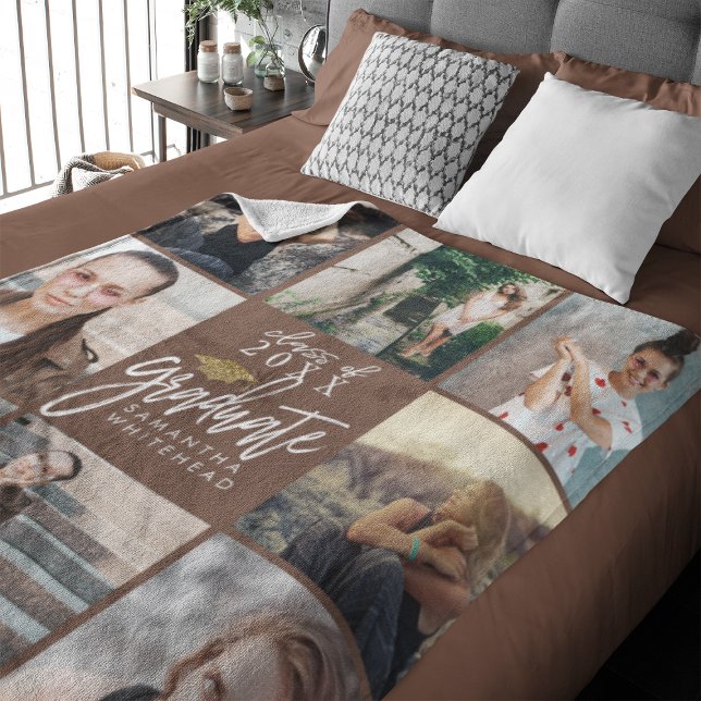 Graduate Foto Collage Gold Glitzer Cap Tan Fleecedecke (Celebrate your graduate's milestone with our cozy, custom fleece blanket. )