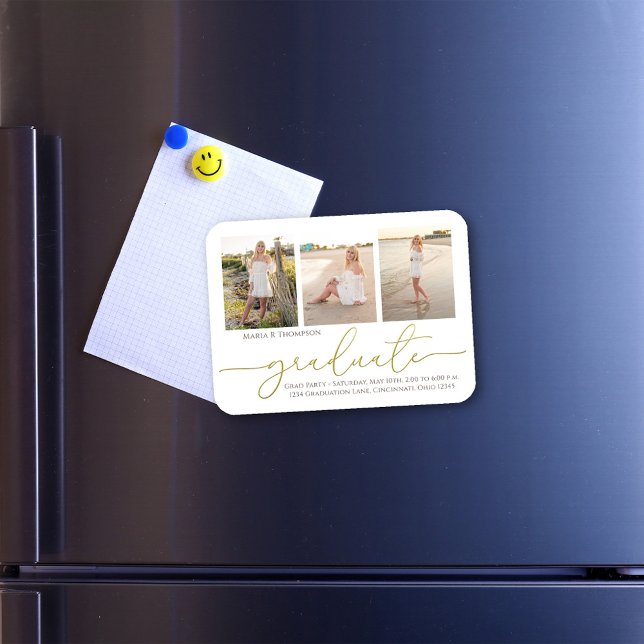 Graduate Foto Collage Modernes Minimalistisches Go Magnet (Graduation photo magnet with a three photo collage template. )