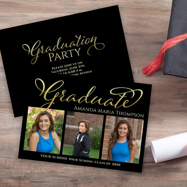 Graduate Foto Collage Schwarz und Gold Einfach Ankündigung (Black and gold graduation photo collage announcement with bold modern typography.)