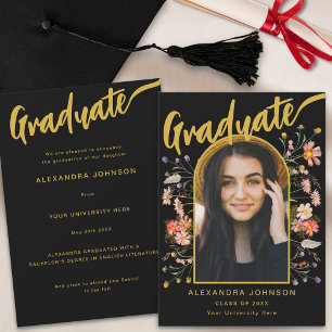 Graduate Foto Floral Arch Black and Gold Script Ankündigung