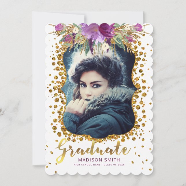 Graduate Foto Floral Imitats Gold Glitzer Confetti Ankündigung (Vorderseite)