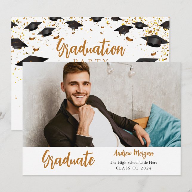Graduate Foto Gold Confetti Graduation Cap Einladung (Vorne/Hinten)