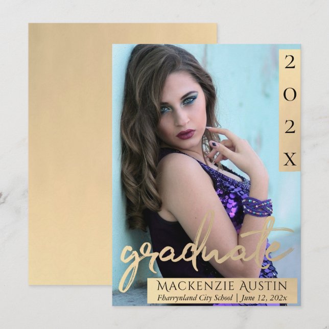 Graduate Foto | Gold Script Eleganter Abschluss Ankündigung (Vorne/Hinten)