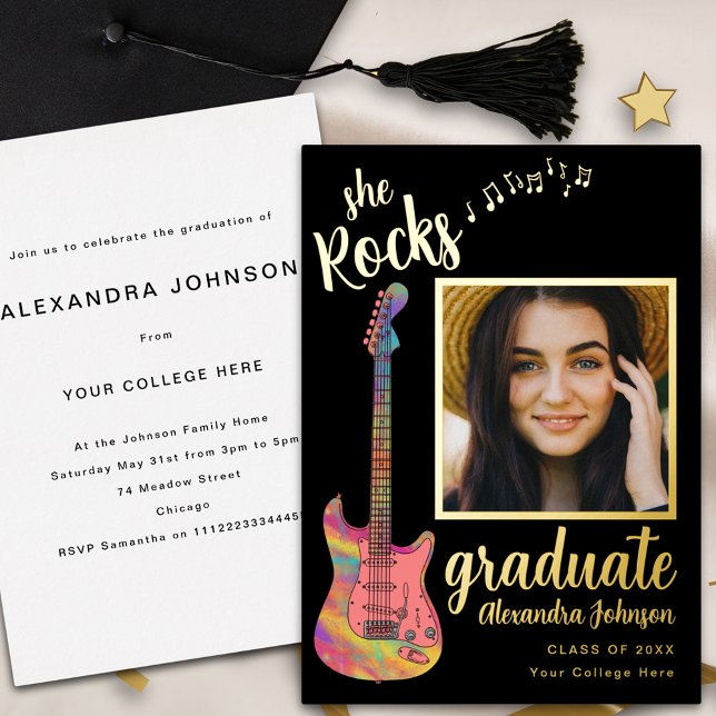 Graduate Foto Graduation Party Script Black Gold Folieneinladung (Fun pink guitar graduate photo black and gold foil script Graduation party invitation)