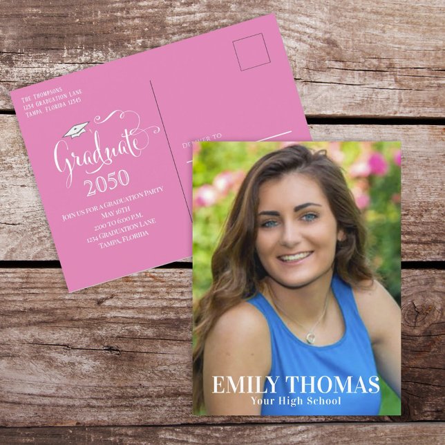 Graduate Foto Minimalistisch Einfaches Skript Rosa Postkarte (Von Creator hochgeladen)