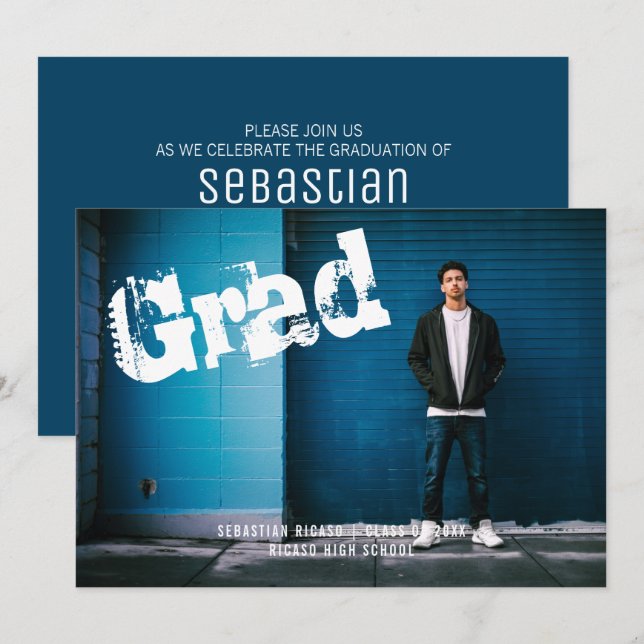 Graduate Foto Personalisiert Graffiti Blue Einladung (Vorne/Hinten)