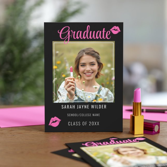 Graduate Foto Pink Lips Kisses Abschluss Ankündigung (You did it! Survived and thrived! You can kiss college goodbye! Just add your details!)