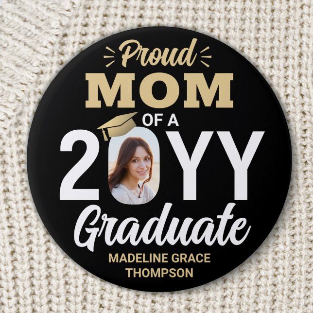 Graduate Foto Proud Mama Elegante Schwarz und Gold Button (Von Creator hochgeladen)
