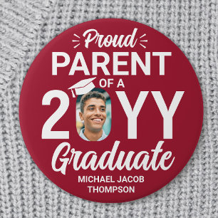 Graduate Foto Proud Parent Modern Red and White Button