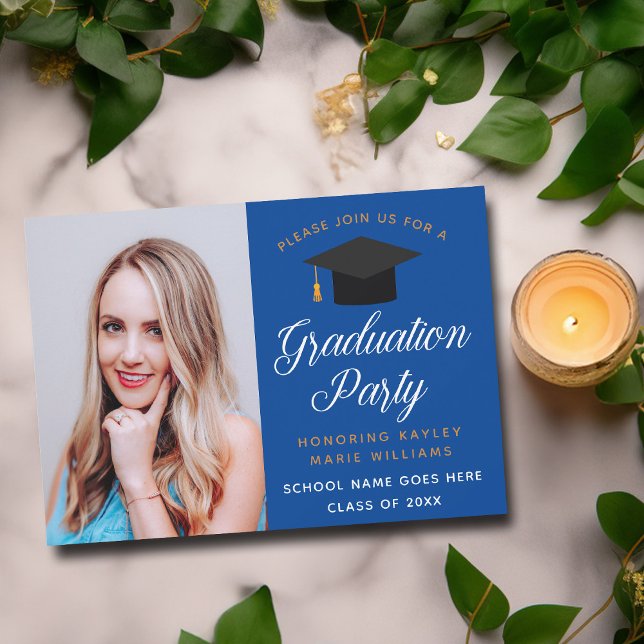 Graduate Foto Royal Blue Gold Graduation Party Einladung (Von Creator hochgeladen)