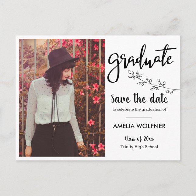 Graduate Foto | Save the Date elegant Botanisch Ankündigungspostkarte (Vorderseite)