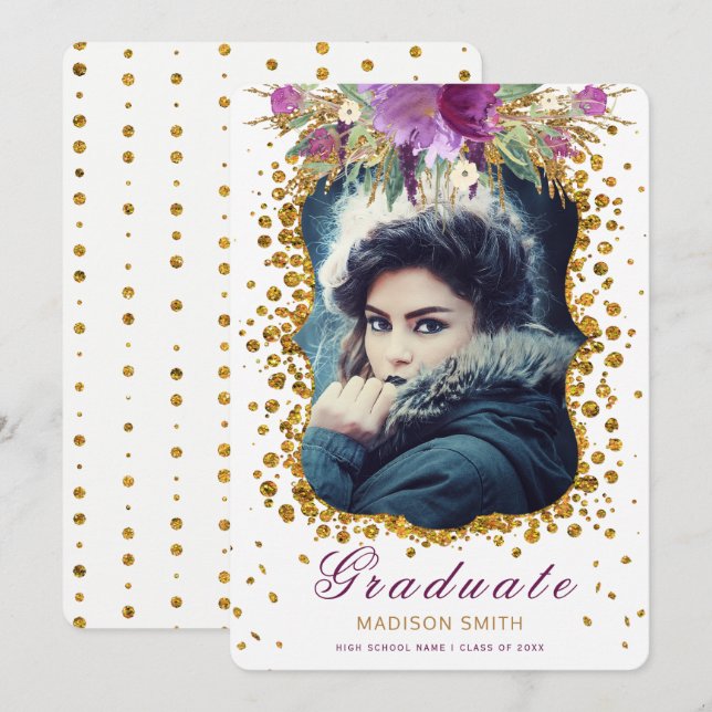 Graduate Foto Sparkle Blume Glitzer Confetti Einladung (Vorne/Hinten)