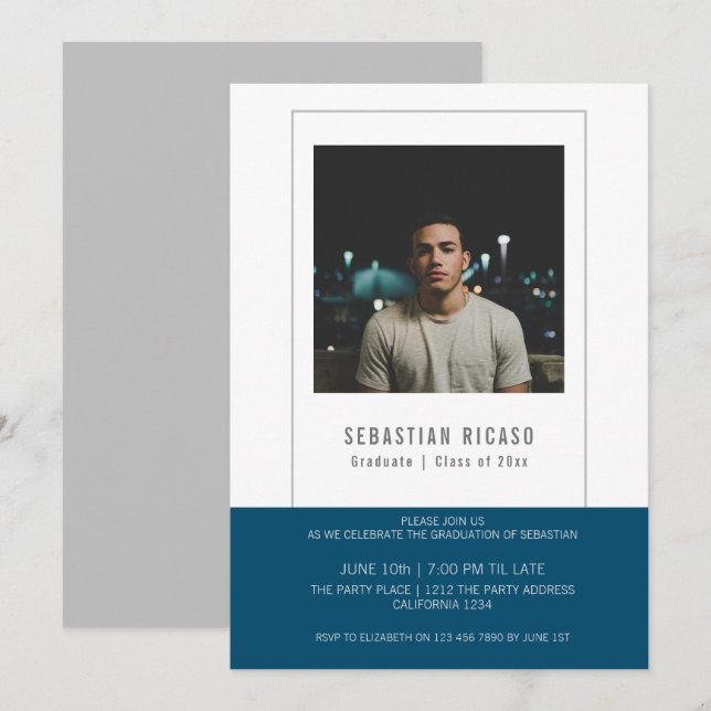 Graduate Foto Template Personalisiert blau Einladung (Vorne/Hinten)