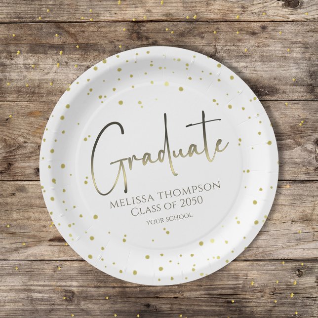 Graduate Gold Confetti Modern Calligraphy Script Pappteller (Black and gold grad party plates with elegant script and festive confetti.)