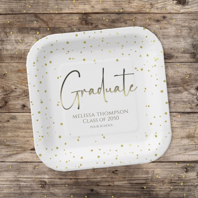 Graduate Gold Confetti Modern Calligraphy Script Pappteller (Von Creator hochgeladen)