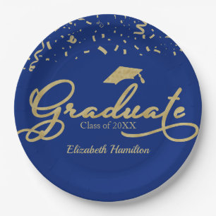 Graduate Gold Foil Graduation Party Blauer Text Pappteller