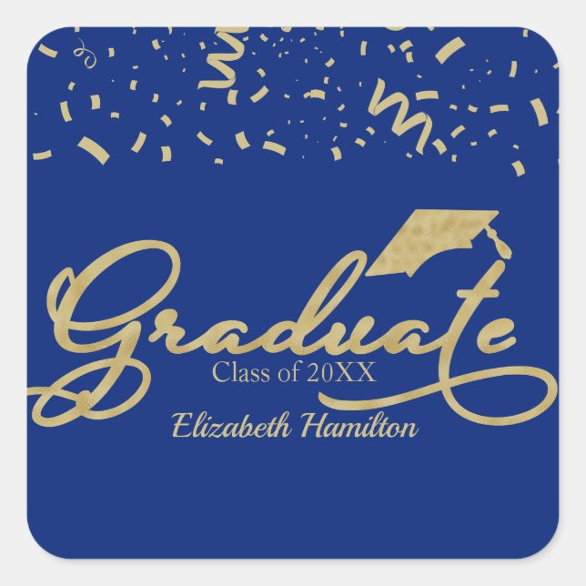 Graduate Gold Foil Graduation Party Blue Quadratischer Aufkleber (Vorderseite)