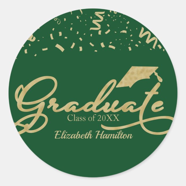 Graduate Gold Foil Graduation Party Green Runder Aufkleber (Vorderseite)