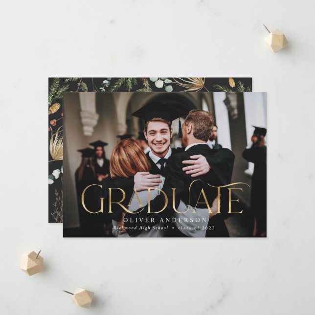 Graduate gold Foto Aquarell botanische Blüte Ankündigung (Vorderseite/Rückseite Beispiel)