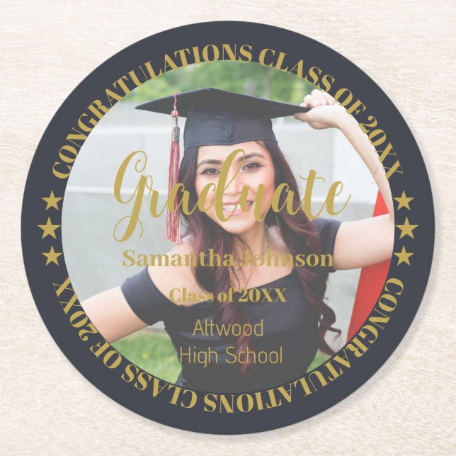 Graduate Gold Foto Round Paper Untersetzer (Vorderseite)