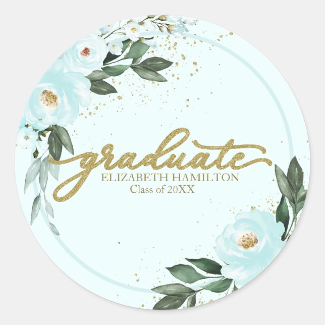 Graduate Gold Teal Floral Graduation Party Runder Aufkleber (Vorderseite)