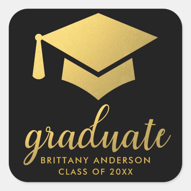 Graduate Gold und Black Quadratischer Aufkleber (Vorderseite)