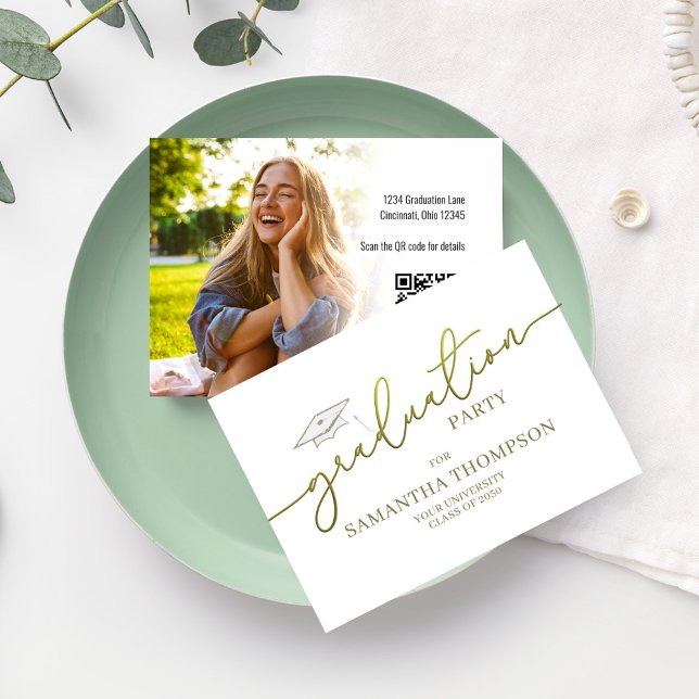 Graduate Graduate Cap Foto Party Beilage Visitenkarte (Graduation gold calligraphy script party insert card with photo. )