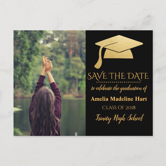 Graduate Imitats Gold Foil Hat | Save the Date Fot Postkarte (Vorderseite)