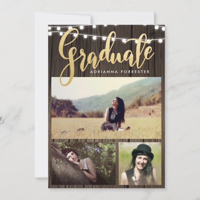 Graduate Imitats Gold Foil | String Lights-Foto Einladung (Vorderseite)