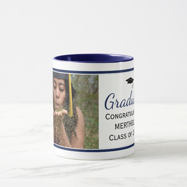 Graduate Keepake Blue Custom Foto Abschluss Tasse (Zentrum)