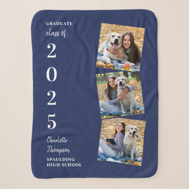 Graduate Keepake Personalisiert 3 Foto Navy Blue  Sherpadecke (Vorderseite)