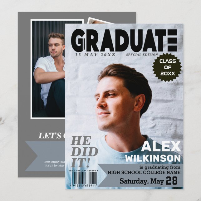 GRADUATE Magazine Cover Style 5 Foto Einladung (Vorne/Hinten)