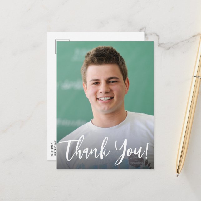 Graduate mit Foto Custom DANK Ankündigungspostkarte (Vorderseite/Rückseite Beispiel)