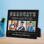 Graduate Modern Black 3 Foto Abschluss Fotoplatte<br><div class="desc">Das klassische Schild mit 3 Foto-Abschluss-Plakatwand mit einfacher Schrift zeigt Graduate in fettgedruckter Serifenschrift mit modernem, benutzerdefiniertem Text, der vollständig an den Namen, das Klassenzimmer und den Schulnamen des Absolventen angepasst werden kann. Fügen Sie drei Lieblingsbilder des Absolventen den Quadrat-Platzhalterbildern hinzu. Die schwarze Hintergrundfarbe kann geändert werden.</div>